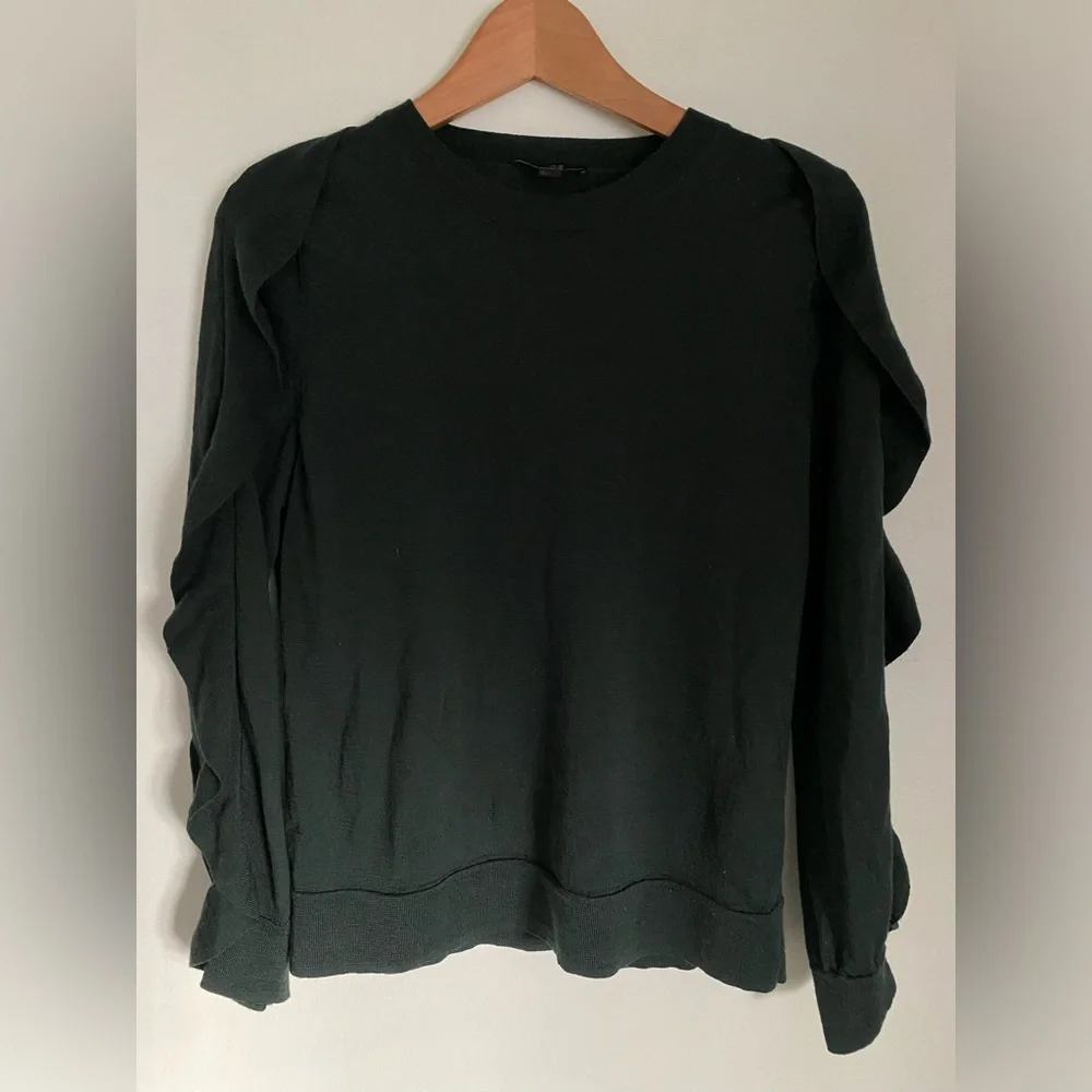 COS Wool Ruffled Long Sleeve Green Sweater Size Small Holiday Party Christmas - Picture 2 of 5